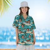 Woman wearing the Beach Horse Hawaiian Shirt with custom faces