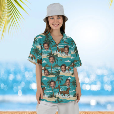 Woman wearing the Beach Horse Hawaiian Shirt with custom faces