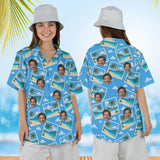 Woman wearing the Beach Postcard Hawaiian Shirt with custom faces, front and back view