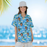 Woman wearing the Beach Postcard Hawaiian Shirt with custom faces