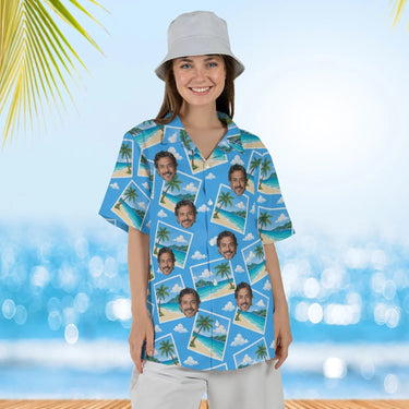 Woman wearing the Beach Postcard Hawaiian Shirt with custom faces