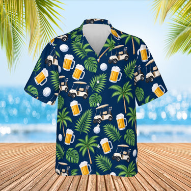 Beer & Golf Cart Funny Hawaiian Golf Shirt print before personalizing, front view