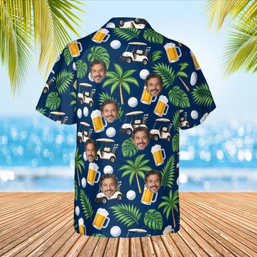 Beer & Golf Cart Funny Hawaiian Golf Shirt with custom faces, back view