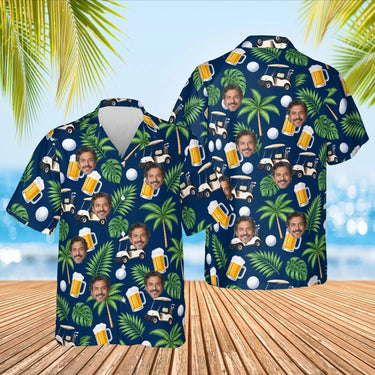 Beer & Golf Cart Funny Hawaiian Golf Shirt with custom faces, front and back