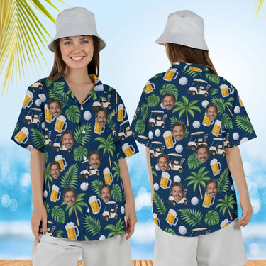 Woman wearing the Beer & Golf Cart Funny Hawaiian Golf Shirt with custom faces, front and back view