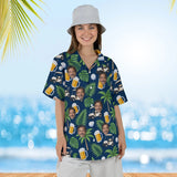 Woman wearing the Beer & Golf Cart Funny Hawaiian Golf Shirt with custom faces