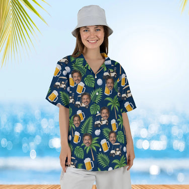 Woman wearing the Beer & Golf Cart Funny Hawaiian Golf Shirt with custom faces