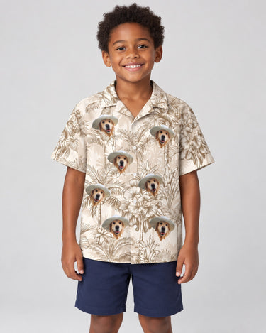 Beige Island Breeze Hawaiian shirt with printed faces, worn by a child