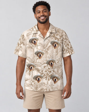 Beige Island Breeze Hawaiian shirt with printed faces, worn by a man