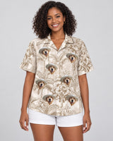 Beige Island Breeze Hawaiian shirt with printed faces, worn by a woman