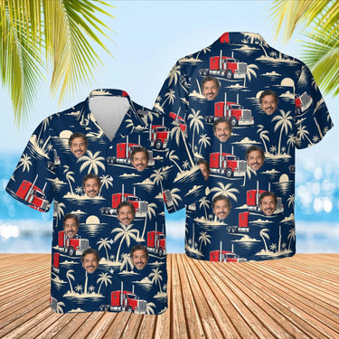Big Rig & Palms Semi Truck Hawaiian Shirt with custom faces, front and back