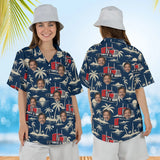 Woman wearing the Big Rig & Palms Semi Truck Hawaiian Shirt with custom faces, front and back view