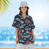Woman wearing the Big Rig & Palms Semi Truck Hawaiian Shirt with custom faces
