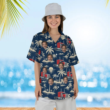 Woman wearing the Big Rig & Palms Semi Truck Hawaiian Shirt with custom faces