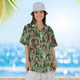 Woman wearing the Bigfoot Disc Golf Hawaiian Shirt with custom faces