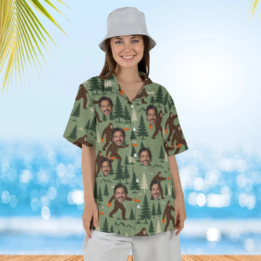 Woman wearing the Bigfoot Disc Golf Hawaiian Shirt with custom faces