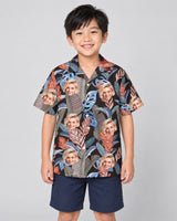 Bird of Paradise Silk Tropical Hawaiian shirt with printed faces, worn by a child