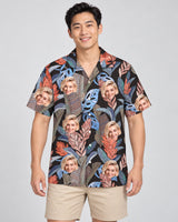 Bird of Paradise Silk Tropical Hawaiian shirt with printed faces, worn by a man