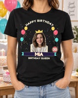 Black birthday photo shirt with a crowned portrait, rainbow balloons, age 30 rosette, the name Mia and Birthday Queen lettering.