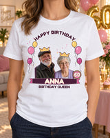 White birthday photo tee with pink and gold balloons, two crowned portraits, age 60 badge and Anna on the name ribbon.
