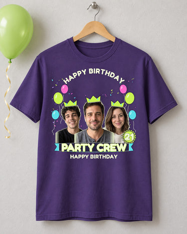 Purple birthday portrait shirt on a wooden hanger, showing three crowned photos, neon balloons, age 21 and Party Crew lettering.