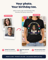 Birthday photo shirt personalization steps: upload one to three portraits, add a name, age and birthday title, then choose party colors.