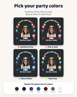 Four birthday print color choices: Rainbow Party, Pink & Gold, Blue & Silver and Neon Pop, shown with the same portrait and lettering.