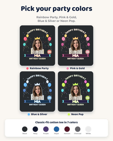 Four birthday print color choices: Rainbow Party, Pink & Gold, Blue & Silver and Neon Pop, shown with the same portrait and lettering.