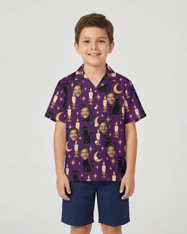 Black Cat & Candles Goth Hawaiian Shirt with printed faces, worn by a child