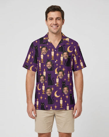 Black Cat & Candles Goth Hawaiian Shirt with printed faces, worn by a man