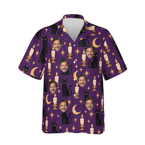 Black Cat & Candles Goth Hawaiian Shirt personalized with printed faces, front view
