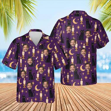 Black Cat & Candles Goth Hawaiian Shirt with custom faces, front and back