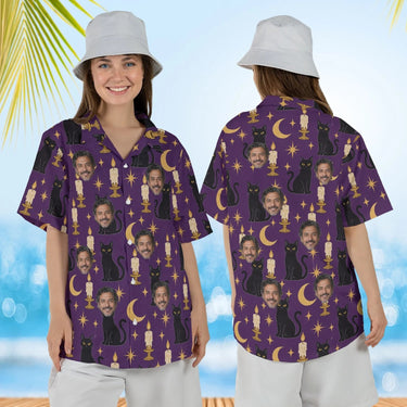 Woman wearing the Black Cat & Candles Goth Hawaiian Shirt with custom faces, front and back view