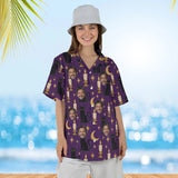 Woman wearing the Black Cat & Candles Goth Hawaiian Shirt with custom faces