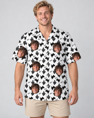 Black Cat Silhouette Halloween Hawaiian shirt with printed faces, worn by a man
