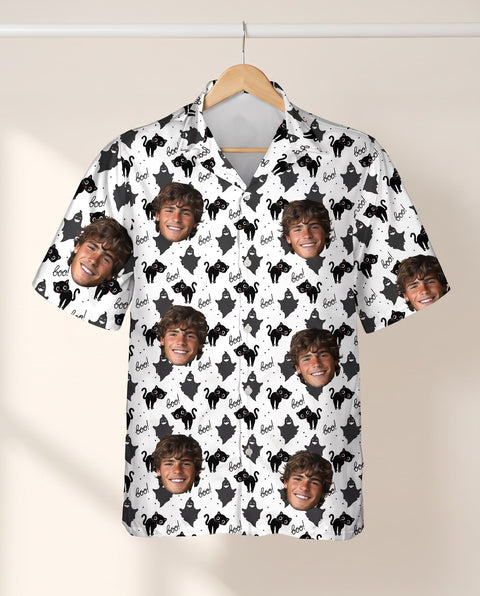 Black Cat Silhouette Halloween personalized Hawaiian shirt printed with customer faces