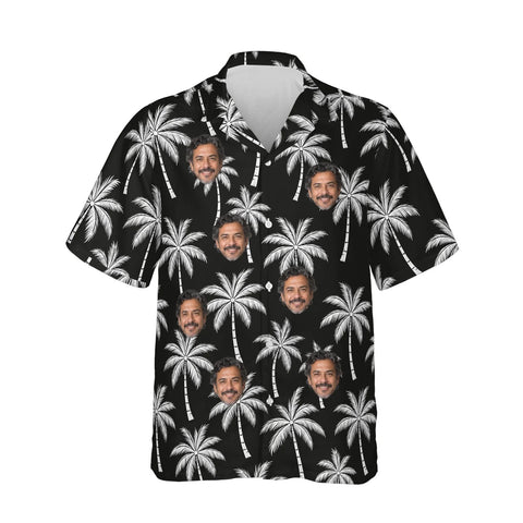Black & White Palm Island Hawaiian Shirt personalized with printed faces, front view