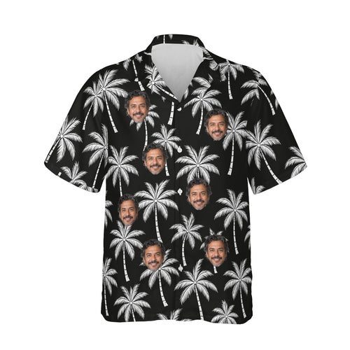 Black & White Palm Island Hawaiian Shirt personalized with printed faces, front view
