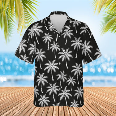 Black & White Palm Island Hawaiian Shirt print before personalizing, front view