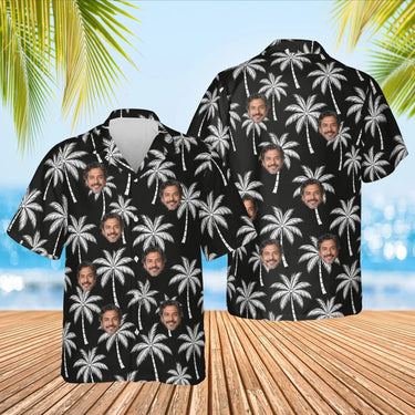 Black & White Palm Island Hawaiian Shirt with custom faces, front and back