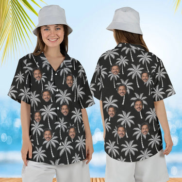 Woman wearing the Black & White Palm Island Hawaiian Shirt with custom faces, front and back view