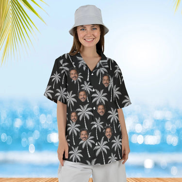 Woman wearing the Black & White Palm Island Hawaiian Shirt with custom faces