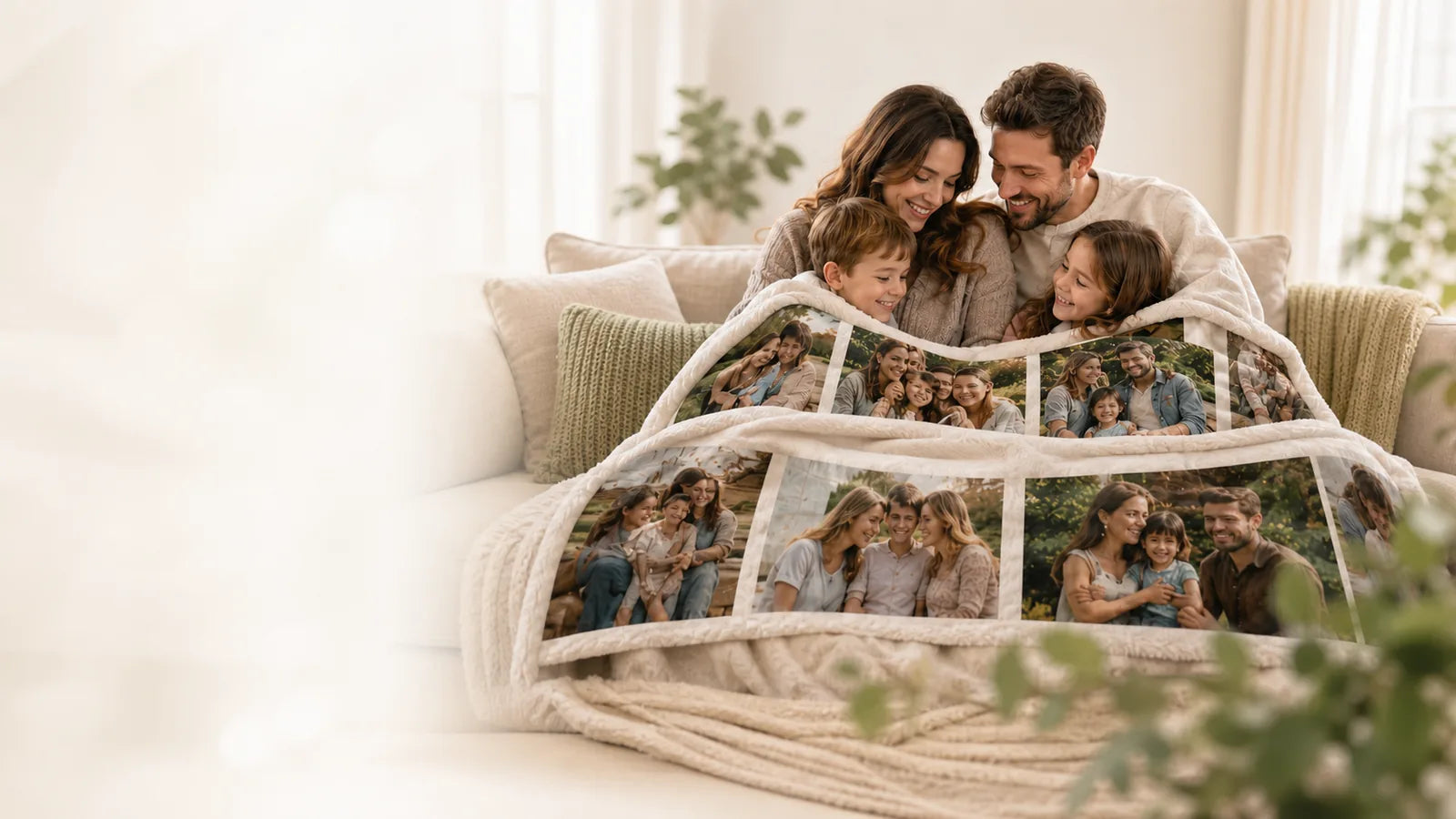 Family wrapped together in a personalized photo blanket