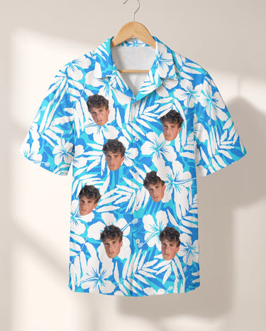 Blue Hibiscus Breeze personalized Hawaiian shirt printed with customer faces