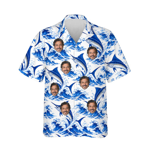 Blue Marlin Fishing Hawaiian Shirt personalized with printed faces, front view
