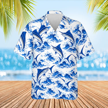 Blue Marlin Fishing Hawaiian Shirt print before personalizing, front view