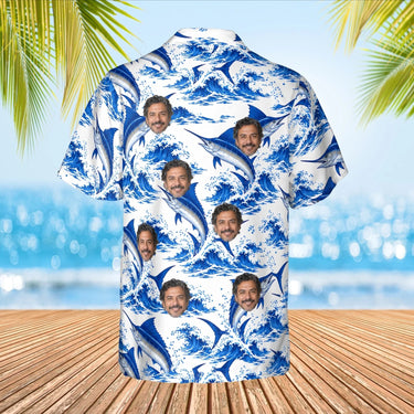 Blue Marlin Fishing Hawaiian Shirt with custom faces, back view