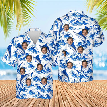 Blue Marlin Fishing Hawaiian Shirt with custom faces, front and back