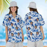 Woman wearing the Blue Marlin Fishing Hawaiian Shirt with custom faces, front and back view