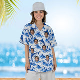 Woman wearing the Blue Marlin Fishing Hawaiian Shirt with custom faces